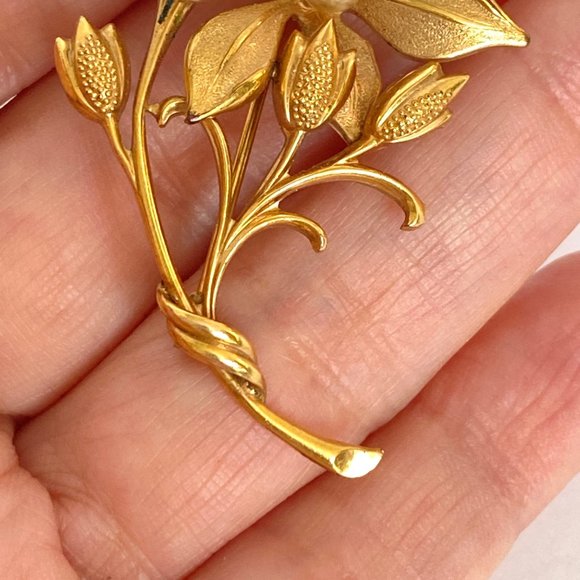 c1900 Andreas Daubs German Flower Seed Pearl 9K Double Gold Plate Antique Brooch - Picture 4 of 10